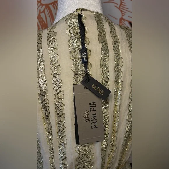 STUNNING Embroidered Maxi Dress in Metallic Gold & Cream w/ Mirror Accents - Picture 7 of 7